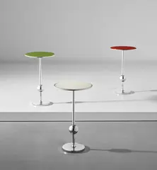 Osvaldo Borsani, Set of three 'T1' side tables, 1950s, Reverse-painted glass, chromium-plated metal, chromium-plated steel