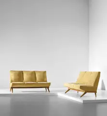 Pair of rare sofas by Pierluigi Giordani, circa 1954, Fabric, walnut, sold Oct 2019