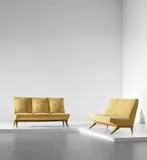 Pierluigi Giordani, Pair of rare sofas, circa 1954, Fabric, walnut