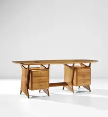 Gio Ponti, Important executive desk, circa 1951, Walnut-veneered wood, walnut, glass, brass, painted steel