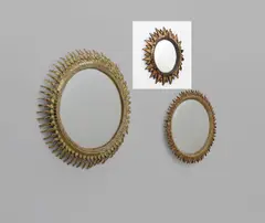 ‘Soleil à pointes’ mirror, model no. 2 by Line Vautrin, circa 1955, Talosel resin, coloured mirrored glass, convex mirrored glass, sold Oct 2019