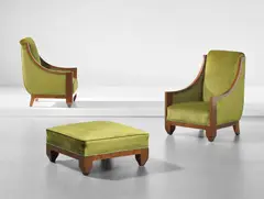 Pair of armchairs and ottoman by André Sornay, 1920s, Walnut-veneered wood, walnut, fabric, offered Oct 2019