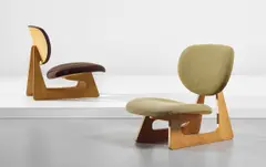 Junzo Sakakura, Pair of lounge chairs, model no. 5016, designed 1957, produced 1964-1988, Teak-laminated plywood, fabric