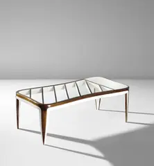 Coffee table by Gio Ponti, circa 1940, Walnut-veneered wood, walnut, painted wood, glass, sold Oct 2019