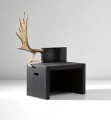 'Stag' bench by Rick Owens, 2006, Stained elm plywood, painted wood, moose antler, sold Oct 2019