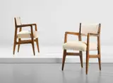 Gio Ponti, Pair of armchairs, designed for the second class dining room of the ‘Conte Biancamano’ ocean liner, circa 1949, Walnut, fabric, brass-plated steel