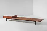 Bench with drawer, from Cité Cansado, Mauritania by Charlotte Perriand, circa 1962, Oak, mahogany-veneered wood, plastic-laminated wood, painted steel, sold Oct 2019