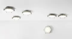 Angelo Lelii, Set of six rare ceiling lights, model no. 12712, circa 1958, Nickel-plated brass, painted brass, painted aluminium, acrylic