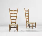 Gio Ponti, Pair of fireplace chairs, circa 1939, Walnut, straw
