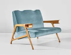 Augusto Romano, Settee, 1940s, Ash, fabric, brass