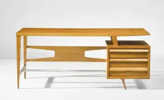 Carlo Paccagnini, Desk, 1950s, Oak, oak-veneered wood, brass, steel