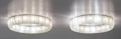 Venini, Pair of large and rare ceiling lights, circa 1934, Cordonato rigato glass, painted steel