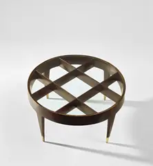 Low table by Gio Ponti, circa 1951, Stained walnut, glass, brass, sold Mar 2019