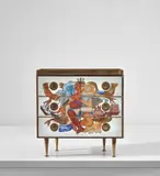 Chest of drawers by Gio Ponti and Edina Altara, circa 1951, Mirrored verre églomisé , burr walnut-veneered wood, brass, sold Mar 2019