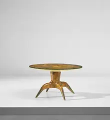 Gio Ponti, Low table, circa 1951, Burr walnut-veneered wood, painted wood, glass, brass