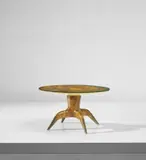 Low table by Gio Ponti, circa 1951, Burr walnut-veneered wood, painted wood, glass, brass, sold Mar 2019