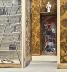 Gio Ponti, Piero Fornasetti, Edina Altara and Guido Gambone, Study and dressing rooms, circa 1951, Burr walnut-veneered wood, lithographic transfer-printed wood, painted wood, reverse-painted mirrored glass, painted glass, glass, brass-covered wood, brass, painted brass, glazed ceramic, acrylic