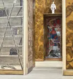 Study and dressing rooms by Gio Ponti, Piero Fornasetti, Edina Altara and Guido Gambone, circa 1951, Burr walnut-veneered wood, lithographic transfer-printed wood, painted wood, reverse-painted mirrored glass, painted gla, sold Mar 2019