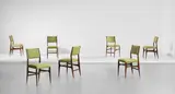 Gio Ponti, Set of seven dining chairs, circa 1951, Stained oak, fabric
