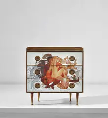 Gio Ponti and Edina Altara, Chest of drawers, circa 1951, Mirrored verre églomisé , burr walnut-veneered wood, brass