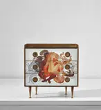 Chest of drawers by Gio Ponti and Edina Altara, circa 1951, Mirrored verre églomisé , burr walnut-veneered wood, brass, sold Mar 2019