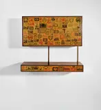 Wall-mounted drinks cabinet by Gio Ponti and Piero Fornasetti, circa 1951, Lithographic transfer-printed wood, East-Indian rosewood-veneered wood, brass, glass, sold Mar 2019