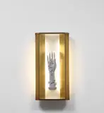 Gio Ponti, Wall light with niche and hand with flowers statuette, circa 1951, Brass, painted brass, painted wood, glazed earthenware