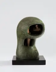 Helmet Head No. 4: Interior-Exterior by Henry Moore, 1963, bronze with green patina and copper, on painted wood base, offered Mar 2018