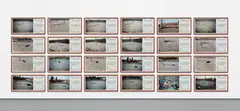 Francis Alÿs, 24 works: Sunpath, Mexico City i) 06.11.98 11.05am; ii) 06.11.98 11.15am; iii) 14.12.98 11.05am; iv) 14.12.98 12.15pm; v) 24.03.99 4.00pm; vi) 24.03.99 4.20pm; vii) 24.03.99 17.00pm; viii) 21.04.99 11.45am; ix) 21.04.99 12.00pm; x) 21.04.99 2.45pm; xi) 27.04.99 6.13pm; xii) 27.04.99 6.15pm; xiii) 20.05.99 2.15pm; xiv) 20.05.99 2.30pm; xv) 20.05.99 3.05pm; xvi) 20.05.99 15.30pm; xvii) 20.05.99 4.15pm; xviii) 20.05.99 4.30pm; xix) 20.05.99 4.45 pm; xx) 20.05.99 4.45 pm; xxi) 20.05.99 5.45pm; xxii) Sunpath, Mexico City 20.05.99 18.30pm; xxiii) Sunpath, Mexico City 21.05.99 1.15pm; xxiv) Sunpath, Mexico City 21.05.99 1.15pm, 1999, archival pigment print laid down on sunpath chart, in artist's wood frame