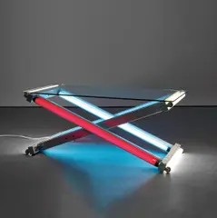 Lamp Table (Blue-Red-White) by Iván Navarro, 2003, fluorescent light, plastic sleeves, glass, metal fixtures and electric energy, sold Mar 2018