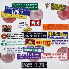 Untitled (Red Bullet Holes) by Nate Lowman, 2008, acrylic, silkscreen and stickers on canvas, offered Mar 2018