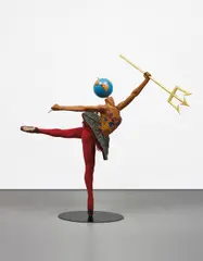 Yinka Shonibare Cbe Ra, Ballet God (Poseidon), 2015, fibreglass mannequin, dutch wax printed cotton, trident, dagger, globe, pointe shoes, beads, tutu and steel baseplate, in 5 parts