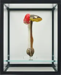 Carsten Höller, Doppelpilzvitrine, 2009, polyurethane and acrylic mushroom in steel and glass vitrine, in 2 parts