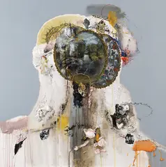 Portrait for Human Presence VII (The Displaced I) by David Kim Whittaker, 2015, oil, acrylic, collage and pencil on primed wood panel, sold Apr 2018