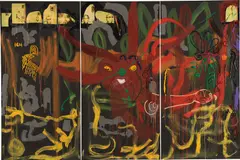 Jonathan Meese, Nashkätzchen's Menschenzunge des Bananenfroschkaisers Durstys, 2008, oil and photo collage on canvas, in 3 parts