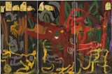 Jonathan Meese, Nashkätzchen's Menschenzunge des Bananenfroschkaisers Durstys, 2008, oil and photo collage on canvas, in 3 parts