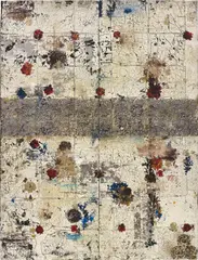 Untitled by Hugo McCloud, 2014, aluminium foil, aluminium coating and oil on tar mounted on wood, sold Apr 2018