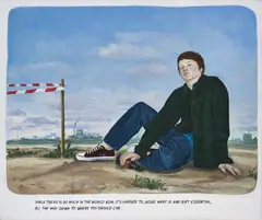Muntean & Rosenblum, Untitled (Since there is so much in the world now, it's harder to judge what is and isn't essential, all the way down to where you should live), 2000, acrylic and black crayon on canvas
