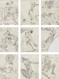 Antonio Lopez, Personal Studies Space People, 1965, marker on paper, in 9 parts