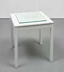 Light a candle by Anya Gallaccio, table, glass and candle, in 3 parts, sold Apr 2018