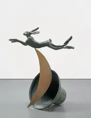 Leaping Hare on Crescent and Bell by Barry Flanagan Ra, 1983, bronze, sold Jun 2018