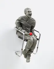 Juan Muñoz, One Laughing at the Red Ball, 2000, Polyester resin, steel and leather chair, ball painted with red oil paint
