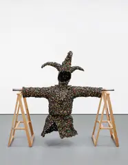 Jan Fabre, Self-portrait as Joker in the Ommeganck Street, 1997, beetles on metal structure with wooden stands