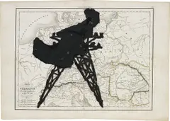 Puppet Drawing by William Kentridge, 2000, collage, construction paper, tape, chalk and pins on atlas page, sold Jun 2018