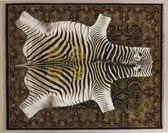 Rashid Johnson, Two Rugs, 2010, embroidered zebra skin and carpet mounted on linen