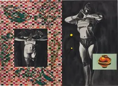 David Salle, Maid of Germany, 1986, oil, acrylic and wood on printed canvas and canvas, diptych