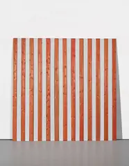 Daniel Buren, 25 lattes, novembre 1988, travail situé, 1988, white acrylic and red Chinese ink on wooden plinths, in 25 parts