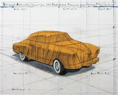 Wrapped Automobile (Project for 1950 Studebaker Champion Series 9G Coupe) by Christo, 2015, lithograph and collage of cloth, cardstock and thread on Somerset Satin paper, sold Oct 2018