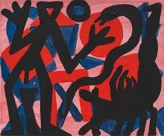 Zerstörte Form Rot by A. R. Penck, 2001, acrylic on canvas, sold Oct 2018