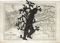 Puppet Drawing by William Kentridge, 2000, collage, construction paper, tape, chalk and pins on atlas, sold Oct 2018